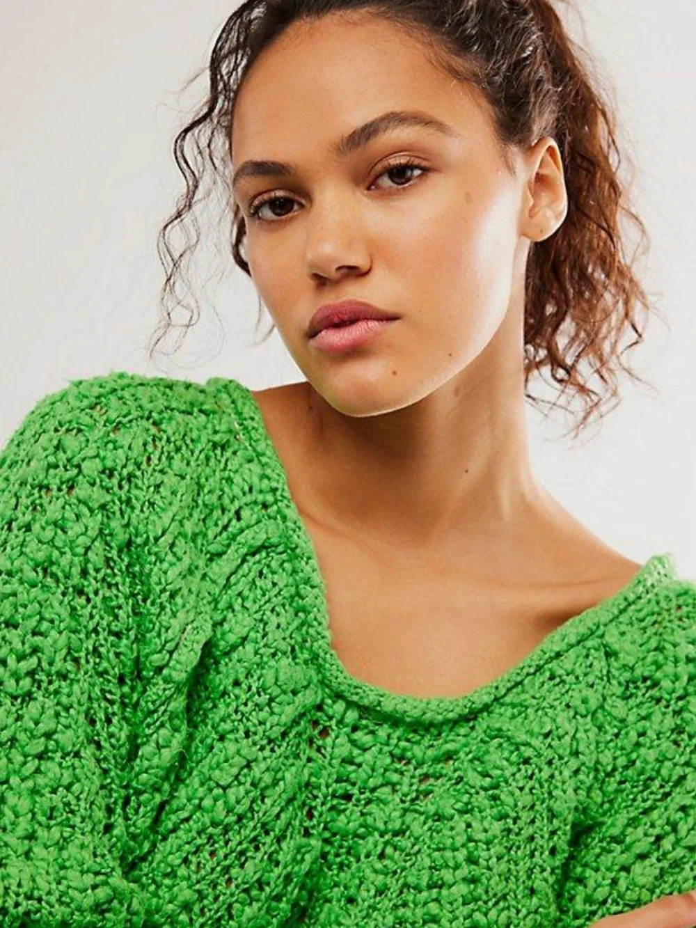 Free People Bright Green Scoop Neck Chunky Knit Sweater - Picture 2 of 4